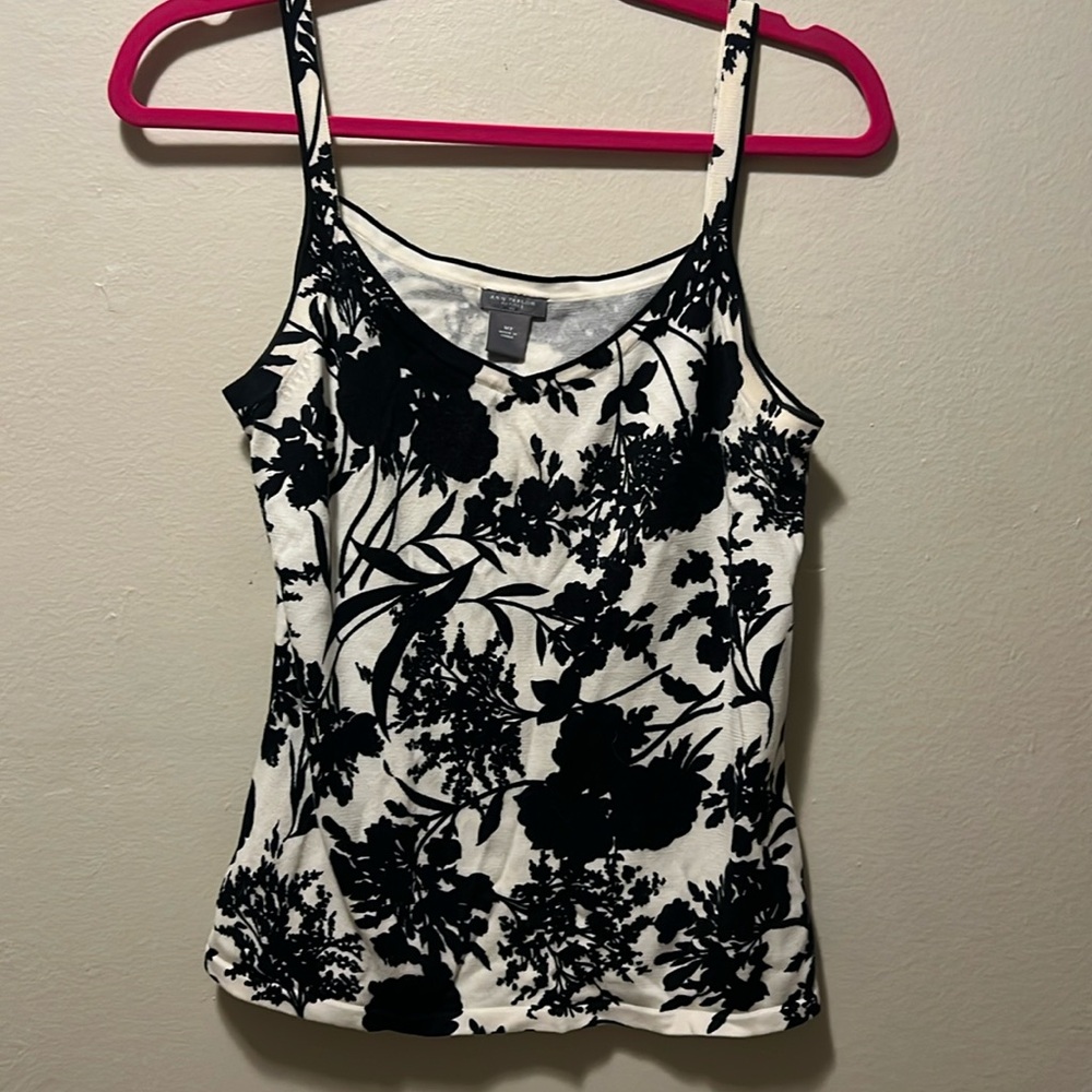 Ann Taylor Petites cable knit tank black floral on cream colored background. MP